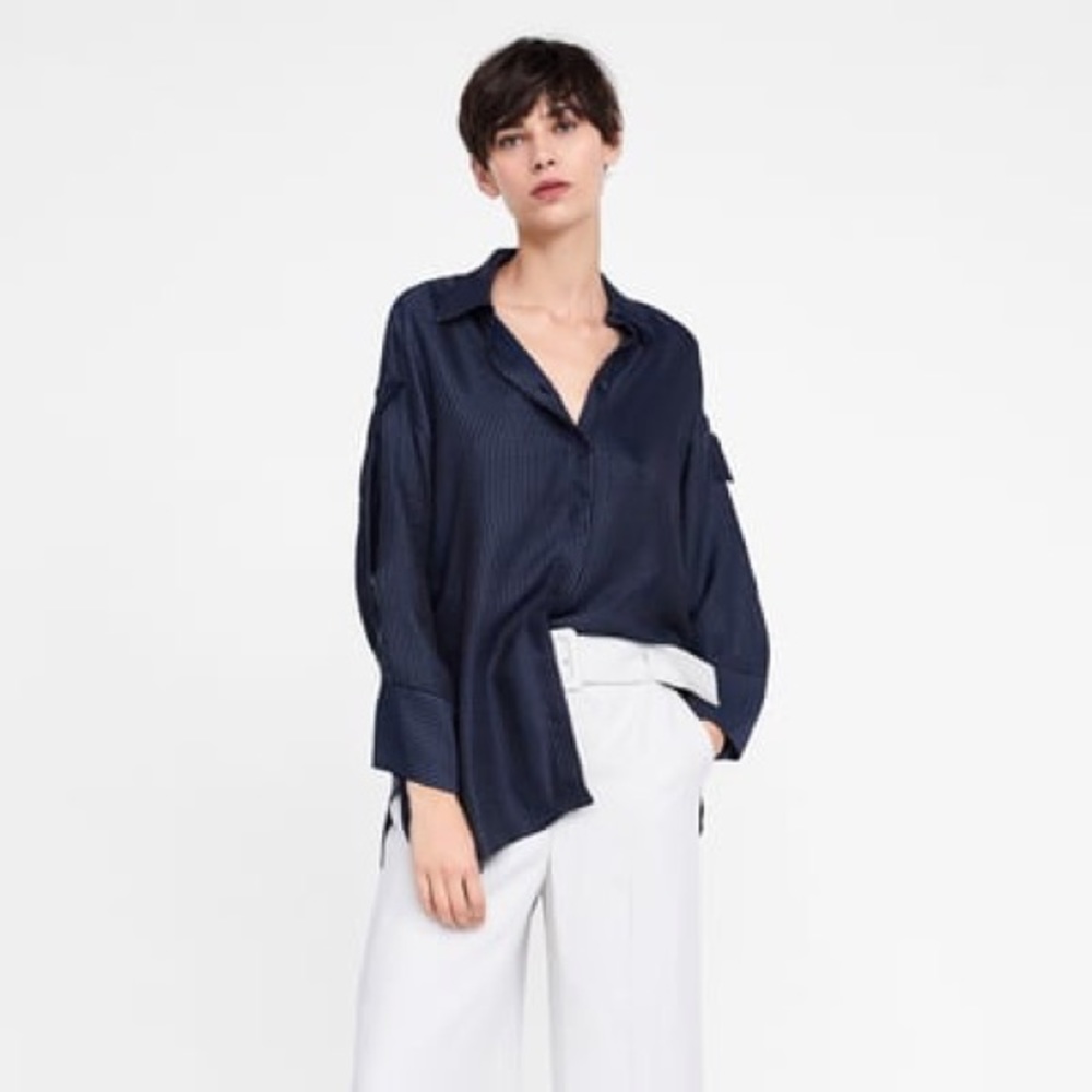 Zara Flowy Striped Blouse Navy Blue NWOT XS